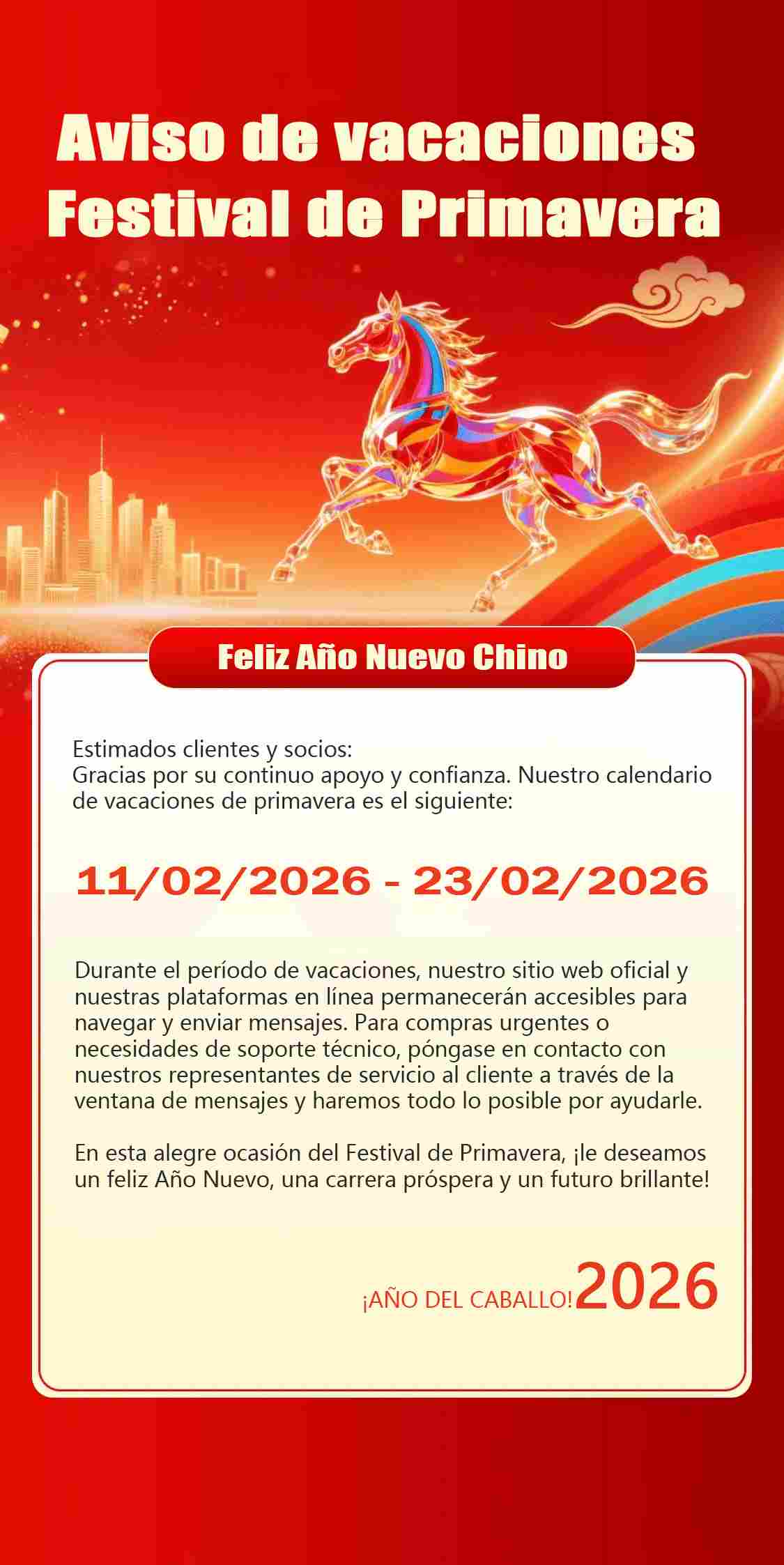 Aviso de Vacaciones por el Festival de Primavera de 2026